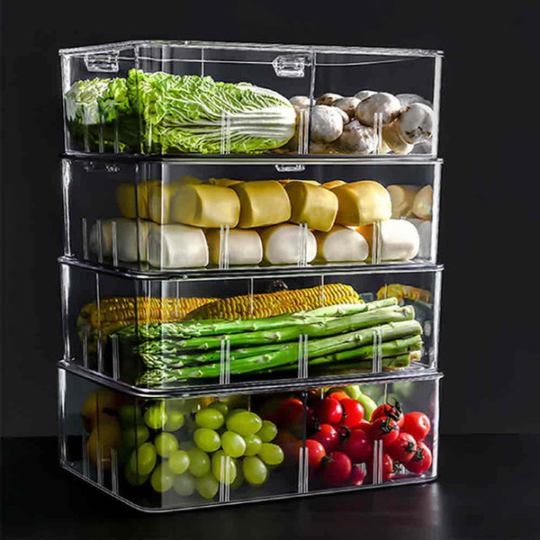 [High-end] 4-compartment refrigerator organizer with transparent partitions for fruit and vegetable storage